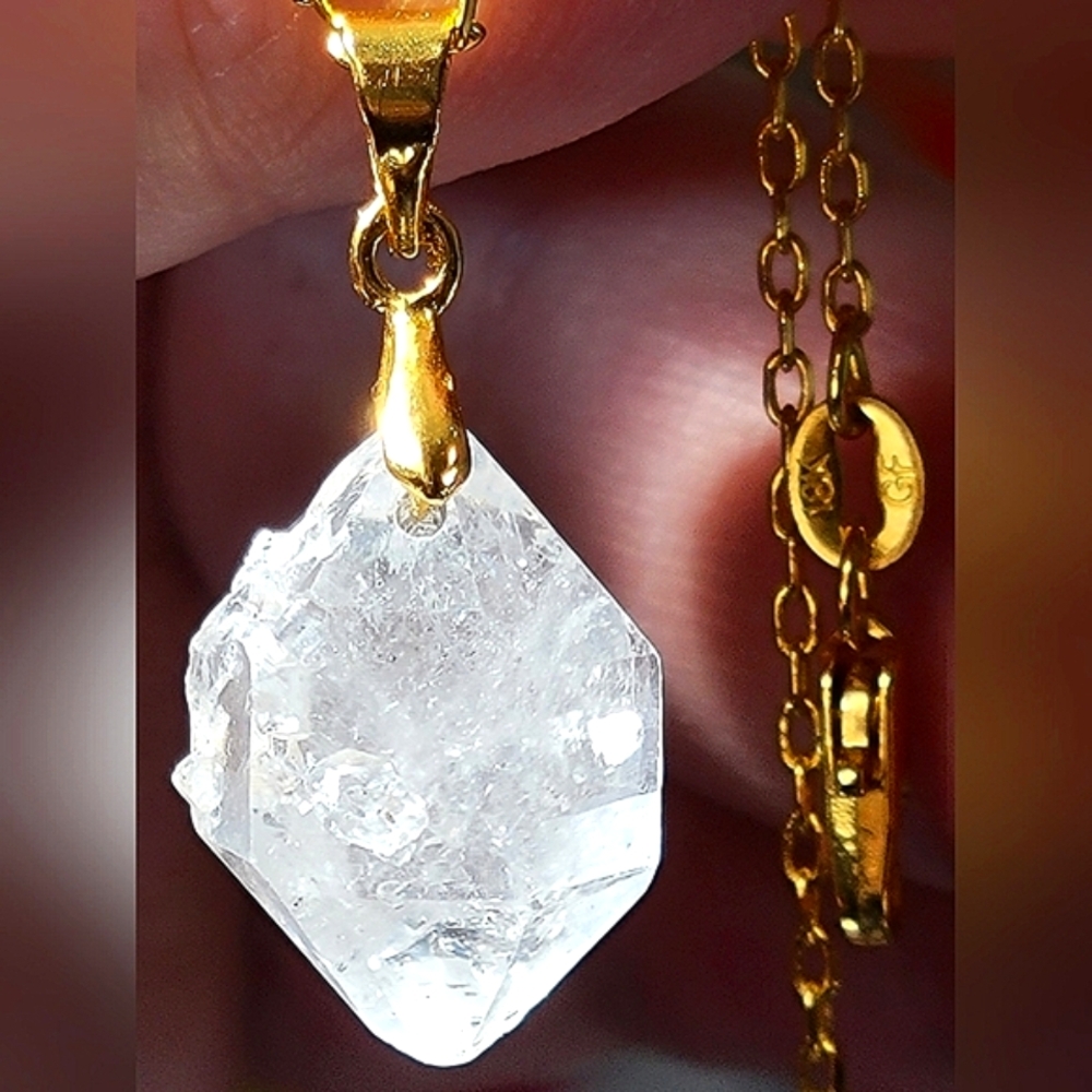 8.5ctw Natural Herkimer Diamond Crystal Pendant W/ Gold Plated Bail + 18k Chain